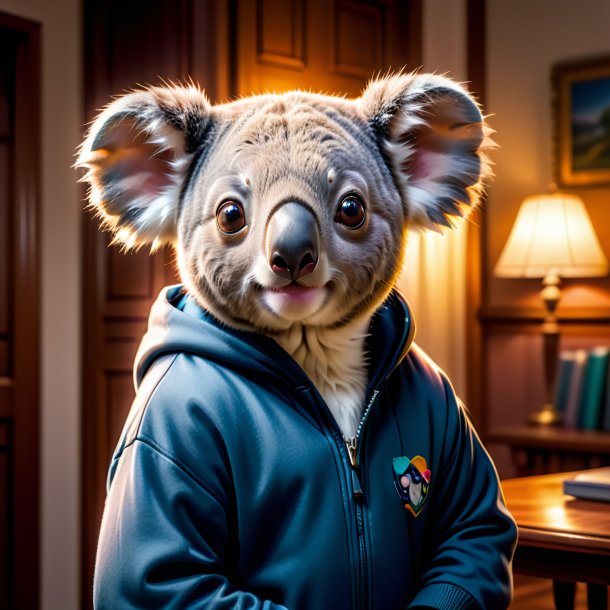 Foto de un koala en una sudadera con capucha en la casa