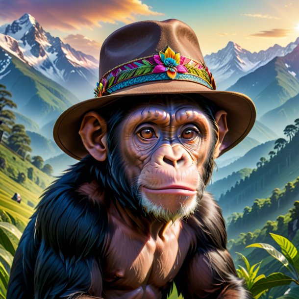 Image of a chimpanzee in a hat in the mountains