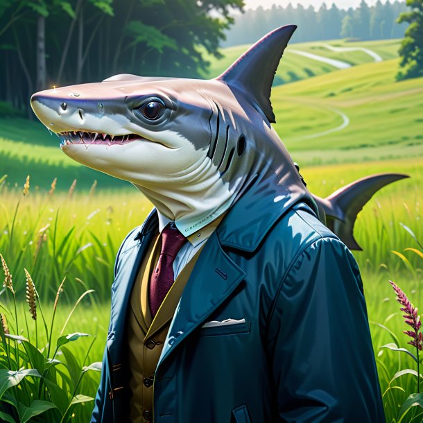 Drawing of a hammerhead shark in a coat in the meadow