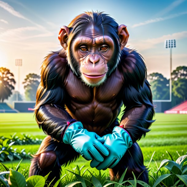 Foto de un chimpancé con guantes en el campo