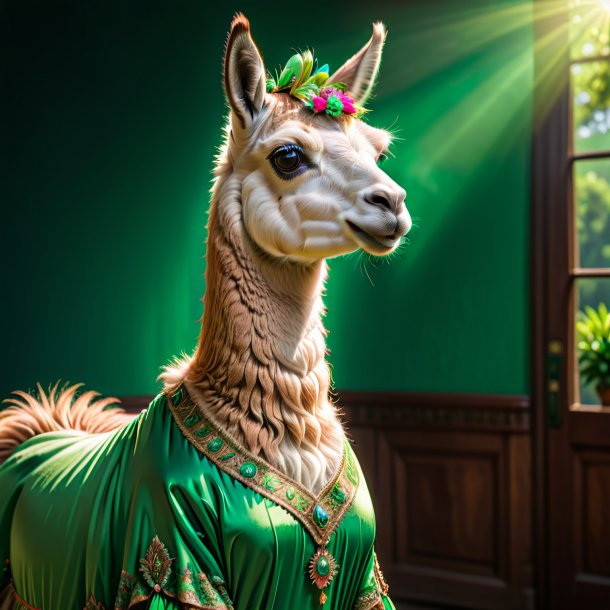 Pic of a llama in a green dress