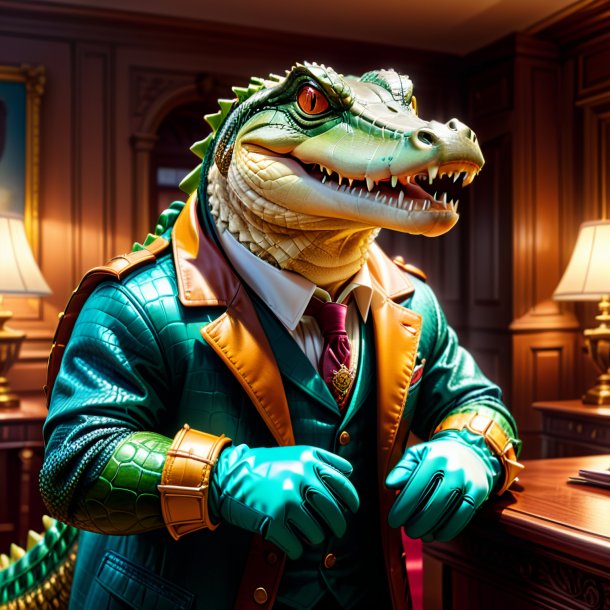 Illustration of a crocodile in a gloves in the house