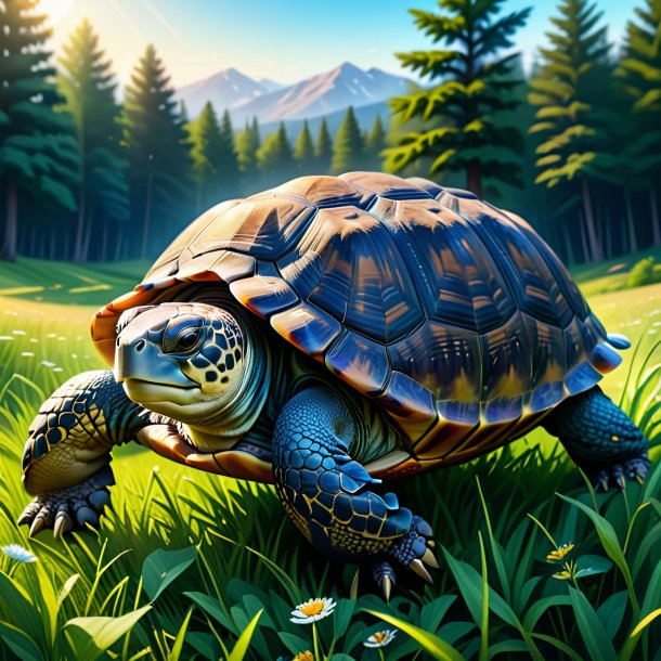 Illustration of a tortoise in a jeans in the meadow