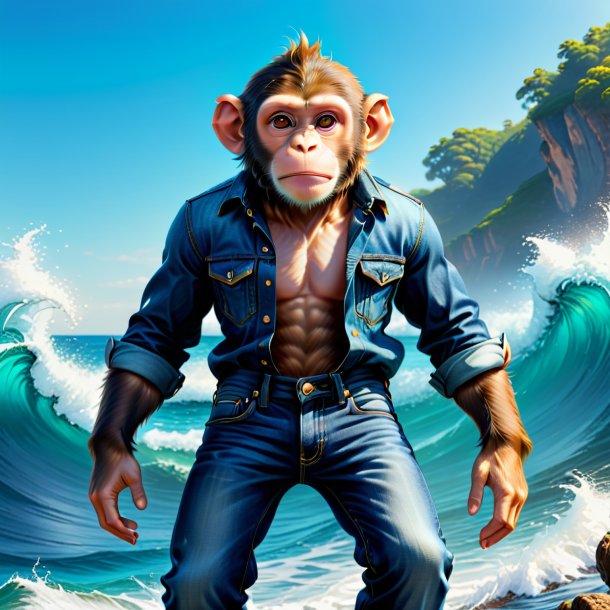 Drawing of a monkey in a jeans in the sea