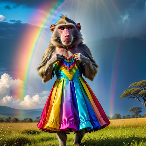 Imagen de un babuino en un vestido en el arco iris