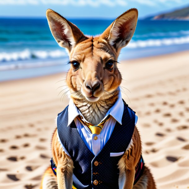 Picture of a kangaroo in a vest on the beach