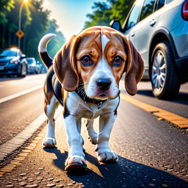 Picture of a beagle in a shoes on the road