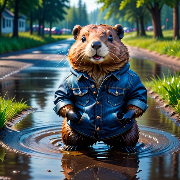 Image of a beaver in a jeans in the puddle