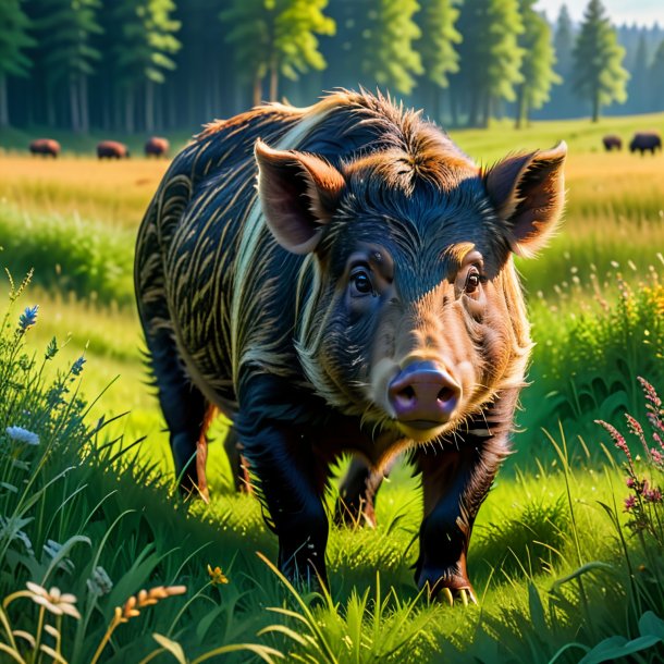 Image of a waiting of a boar in the meadow