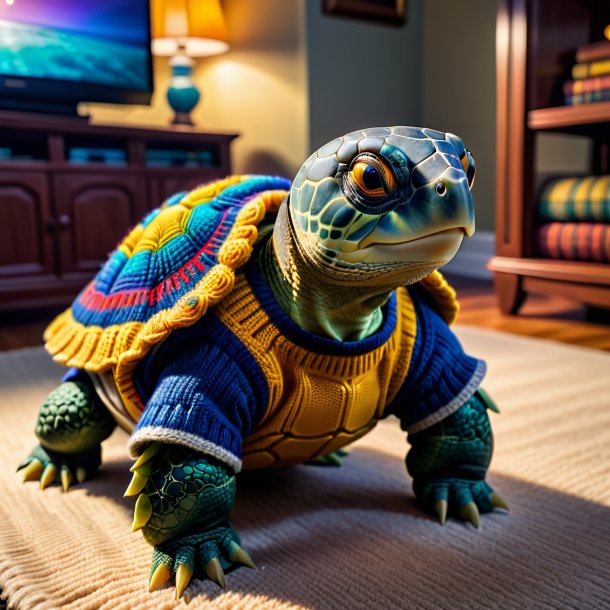 Pic of a turtle in a sweater in the house