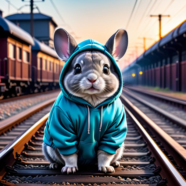 Pic of a chinchillas in a hoodie on the railway tracks