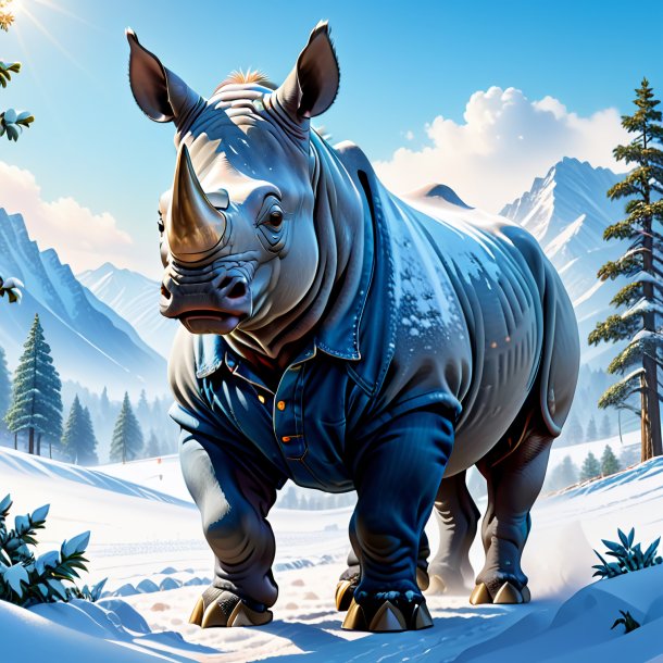 Illustration of a rhinoceros in a jeans in the snow