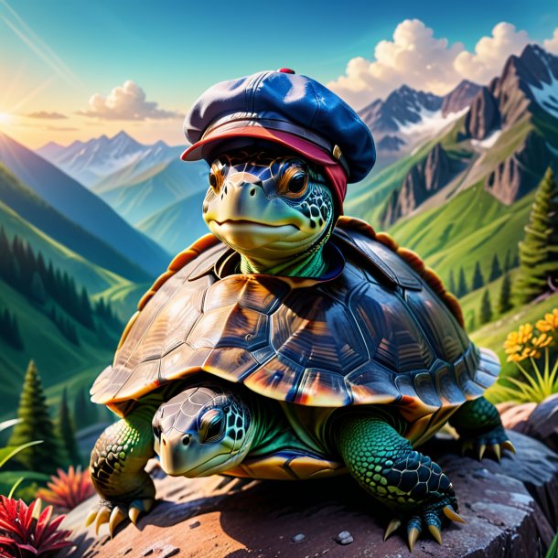 Photo of a turtle in a cap in the mountains