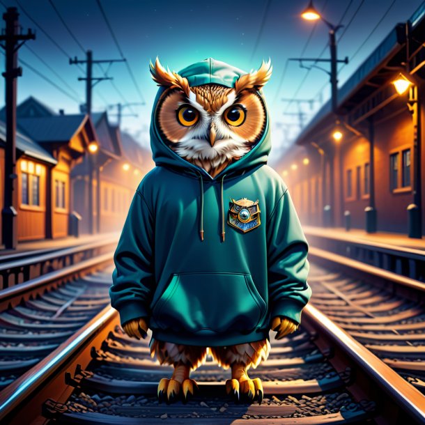 Ilustração de uma coruja em um hoodie nos trilhos ferroviários