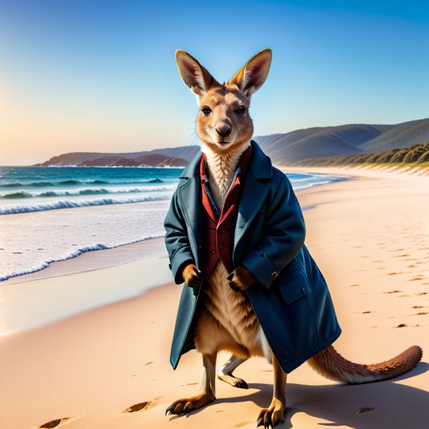 Image of a kangaroo in a coat on the beach