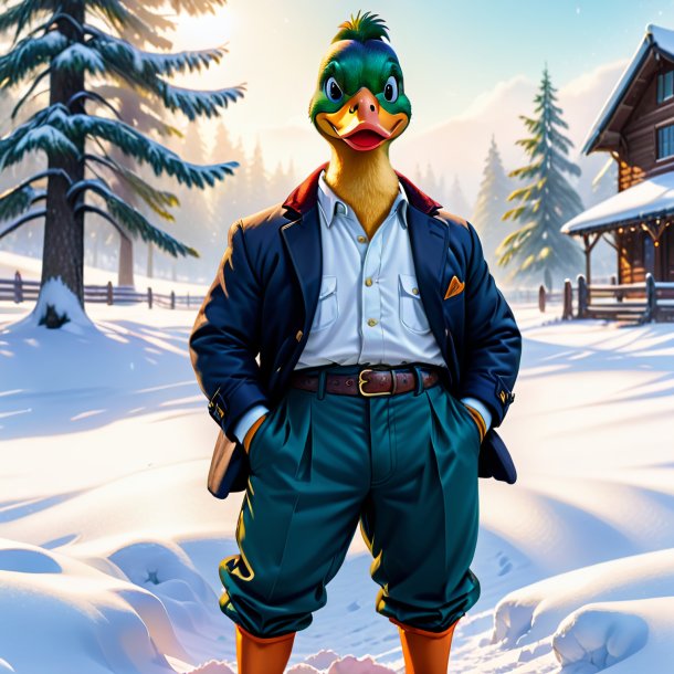 Drawing of a duck in a trousers in the snow