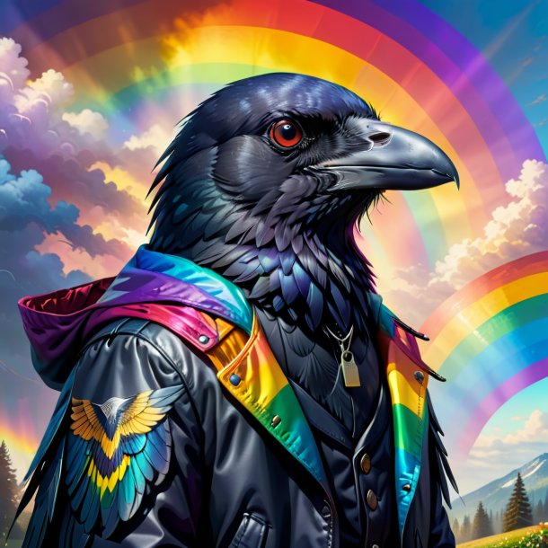 Drawing of a crow in a jacket on the rainbow