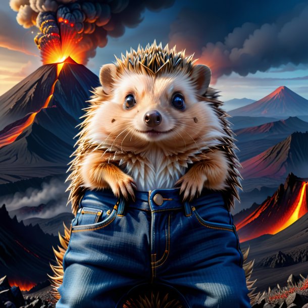 Drawing of a hedgehog in a jeans in the volcano