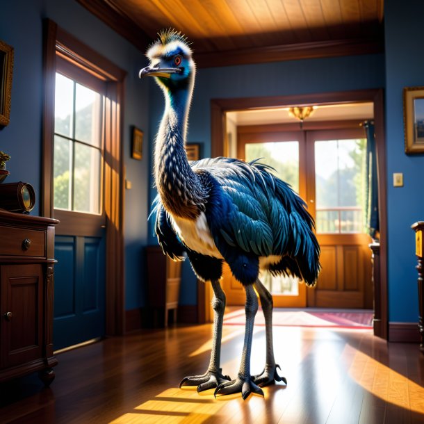 Image of a emu in a jeans in the house