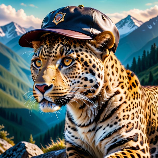 Photo of a leopard in a cap in the mountains