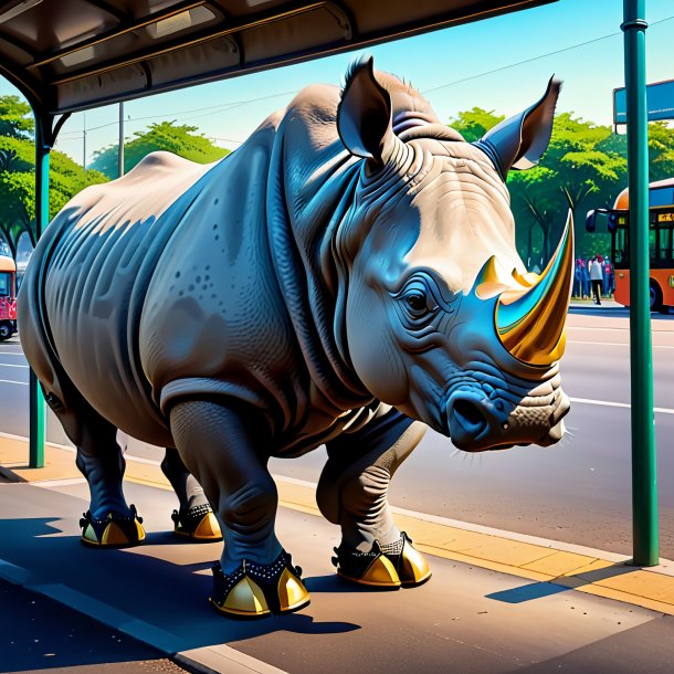 Image of a rhinoceros in a shoes on the bus stop