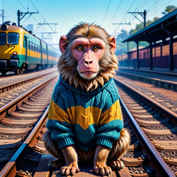 Drawing of a baboon in a sweater on the railway tracks