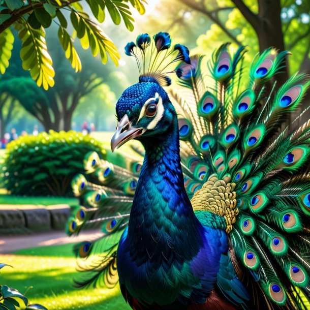 Photo of a smiling of a peacock in the park