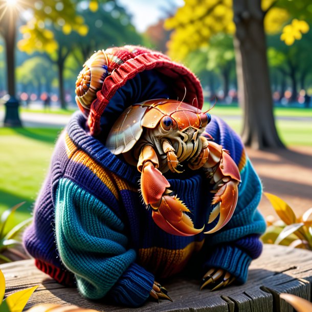 Image of a hermit crab in a sweater in the park