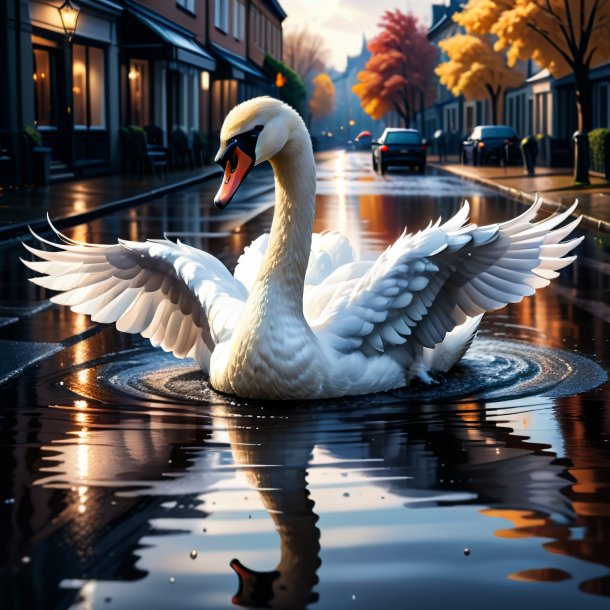 Drawing of a swan in a coat in the puddle