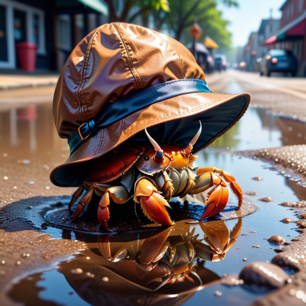 Dessin d'un crabe ermite dans un chapeau dans la flaque