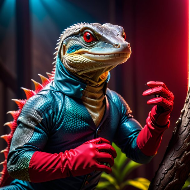 Photo of a monitor lizard in a red gloves