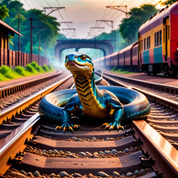 Foto de un baile de una cobra en las vías del tren