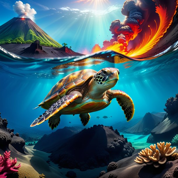 Photo of a swimming of a turtle in the volcano