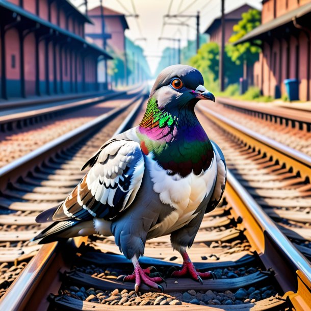 Image of a pigeon in a jeans on the railway tracks