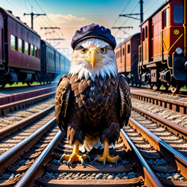 Pic d'aigle dans un chapeau sur les voies ferrées