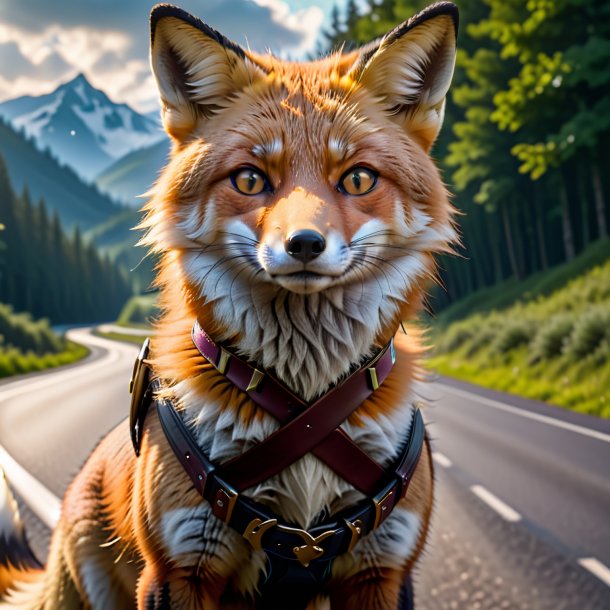 Photo of a fox in a belt on the road