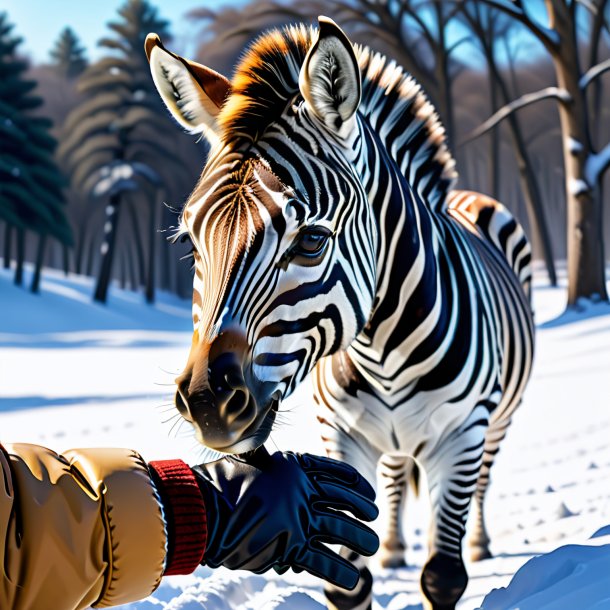 Desenho de uma zebra em luvas na neve