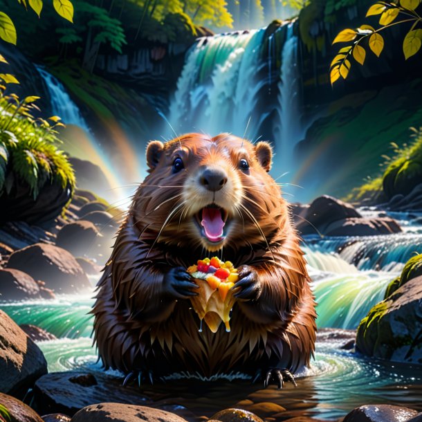 Photo of a eating of a beaver in the waterfall