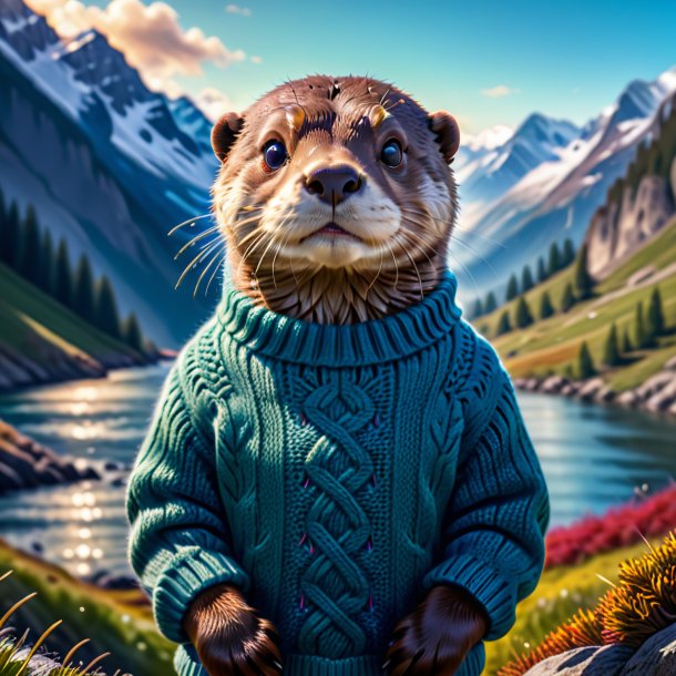 Picture of a otter in a sweater in the mountains