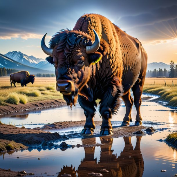 Imagen de una espera de un bisonte en el charco