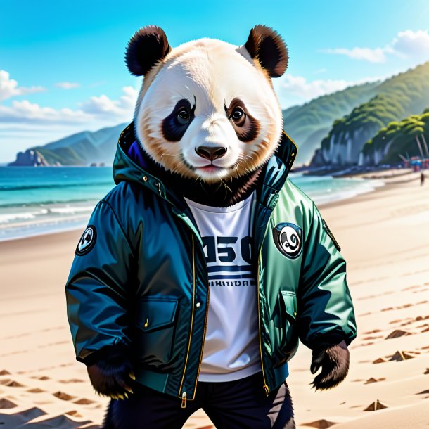 Drawing of a giant panda in a jacket on the beach