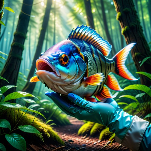 Image of a fish in a gloves in the forest