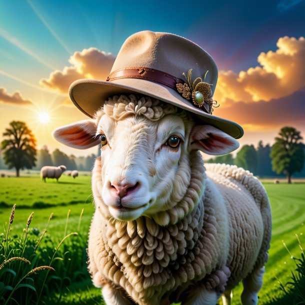 Image of a sheep in a hat on the field