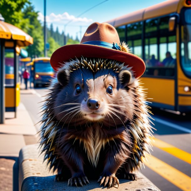 Foto de um porco-espinho em um chapéu no ponto de ônibus