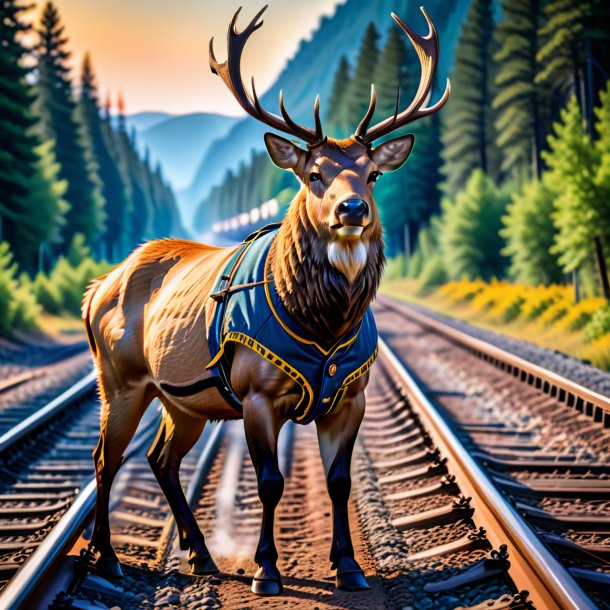 Picture of a elk in a vest on the railway tracks