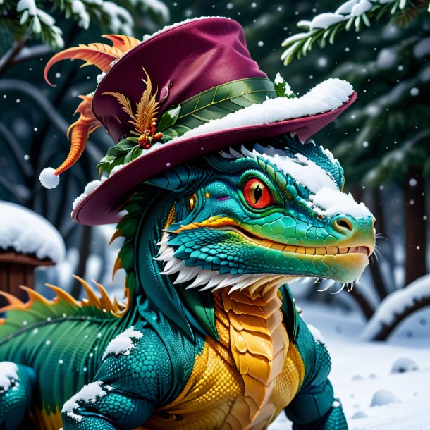 Picture of a basilisk in a hat in the snow