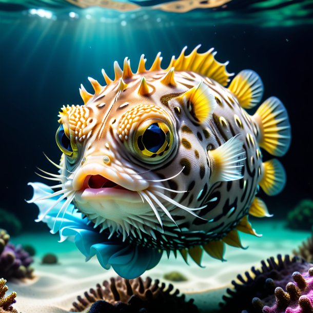 Pic of a pufferfish in a gloves in the water