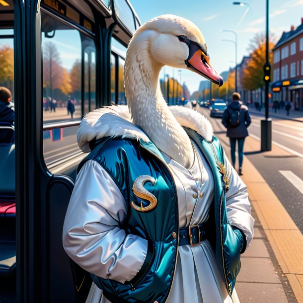 Pic d'un cygne dans une veste sur l'arrêt de bus