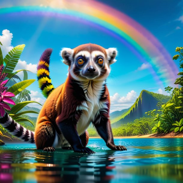 Picture of a swimming of a lemur on the rainbow