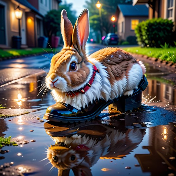 Foto de un conejo en un zapato en el charco